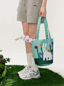 Freein Original Rabbit Flower Printed Shoulder Bag Large Capacity Zipper Tote Bag Japanese Style Leisure Bucket Bag