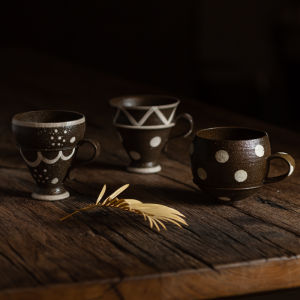 Handmade Ceramic Coffee Cup with Polka Dots Vintage Style Italian Style Mugs Drum Shape Thick Clay Loudspeaker Mouth Latte Cup