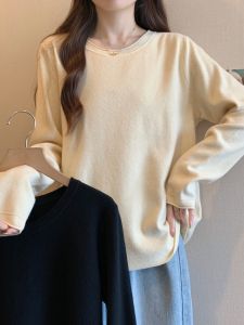 Plus Size Womens Clothing Chubby Girl Autumn and Winter New round Neck Pure Color Knitting Tops Bottoming Shirt Loose Slimming Long Sleeves Sweater