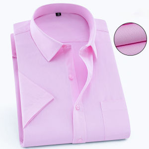 Mens Short Sleeve Shirt Business Casual Classic Plaid Striped Checked Male Social Dress Shirts Purple Blue 5XL Plus Large Size