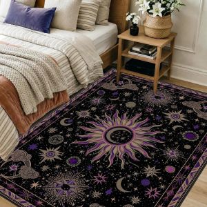VIKAMA Boho Vàng Mặt Trời Trăng Sao Thảm Vintage Thiên Nhiên Mềm Mại Trong Nhà Trang Trí Nhà Nghệ Thuật Thẩm Mỹ 100% Polyester Thảm Phòng Khách