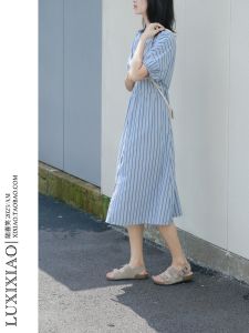 LUXIXIAO Womens Shirt Dress Slimming Bubble Sleeve round Neck High Waist Striped Korean Style Commute A-Line Midi Dress