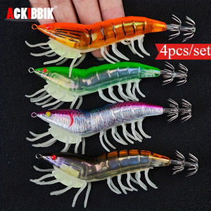 Ackibbik 4pcs/set 11.5cm Squid Bait Squid Hook Wood Shrimp Squid Jig Hook Shrimp Lure Bait Glistening Sea Fishing Accessories