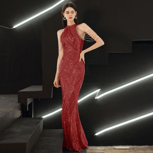 Gold Evening Gown Womens Annual Conference Host Autumn Winter High-End Sensation Luxury Tassel Sequin Fish Tail Skirt