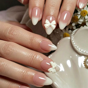 Bộ Móng Tay Giả Nhấn Dán Màu Nude Trắng Phối Màu Kiểu Pháp Với Trang Trí Nơ 3D Tái Sử Dụng Được Dành Cho Làm Móng Nhân Tạo Hàng Ngày