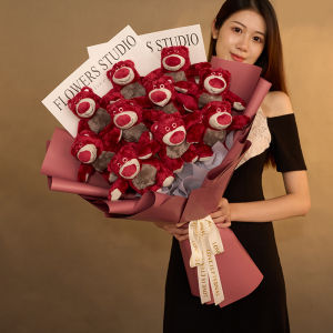 Strawberry Bear Doll Creative Birthday Gift Valentines Day Flower Bouquet Surprise Present for Girlfriend Best Friend Boyfriend Cute Gift