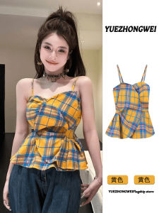 Summer Yellow Tube Top Plaid Crop Tank Top Womens Outerwear Slimming Short Sleeveless Shirt Commute Style Backless Dress