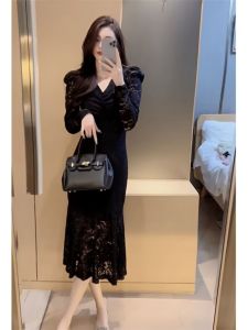 Váy Ren Cổ Chữ V Màu Đen Cao Cấp Dành Cho Nữ Mùa Xuân Thu Thiết Kế Mới Váy Midi Dáng Chữ a Ôm Sát Cơ Thể Váy Công Sở