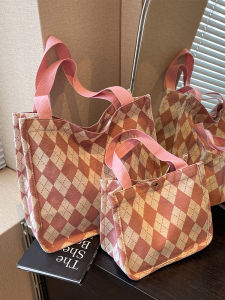 Large Capacity Canvas Tote Bag Womens Fashionable Summer Versatile Single Shoulder Handbag Commuter Diamond Grid Bag