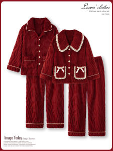 Red Coral Fleece Pajamas Thickened Winter Sleepwear Couple Set New Marriage Mens Style Long Sleeve Long Pants Cute Home Clothes