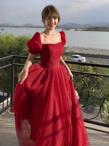 สไตล์เจ้าหญิง ไหล่เดียวยาว สำหรับงานกลางคืน ชุดราตรี งานแต่งงาน เดรส เจ้าสาวสีแดง ชุดราตรี งานหมั้น เดรส โพลีเอสเตอร์ ผ้า ซิป