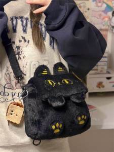 Cute Mini Cat Plush 3Way Small Bookbag: Japanese Style Ins Black Cat Shoulder Bag Girls Crossbody Bag Soft Polyester Material