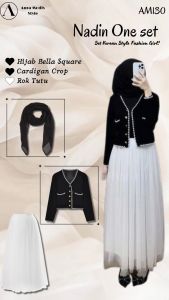 One set Wanita Kekinian Nadin ( Cardigan Crop + Rok Tutu Tile + Hijab Bella Square + Shoulder Bag ) AM130n