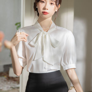 Summer Short Sleeve Silk Satin Womens Shirt Butterfly Knot Professional Interview Workwear Formal Outfit Set Office Uniform