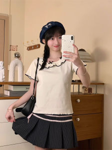 Korean Style Butterfly Knot Short Sleeve Womens Unique Wooden Edge Patchwork round Neck Slim Straight Short T-Shirt Top