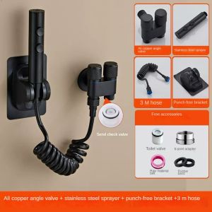 Bathroom Bidet Sprayer Wall Mounted Black Brass Toliet Handheld Bidet Shattaf Double Valve Control with 2 Water Spray Mode Nozzle