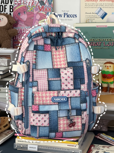 Tea Party Denim Street Style Double Shoulder Backpack for Men and Women Casual Waterproof Leisure Bag with Zipper Closure