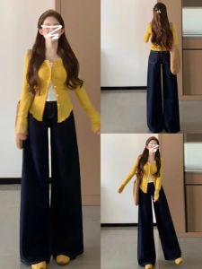 เสื้อคาร์ดิแกนถักสีเหลืองสำหรับผู้หญิง ฤดูใบไม้ร่วง/ฤดูหนาว สไตล์เกาหลี แขนยาว ปกติ เสื้อสั้น เสื้อคลุมกันหนาว เสื้อคลุมกันหนาว