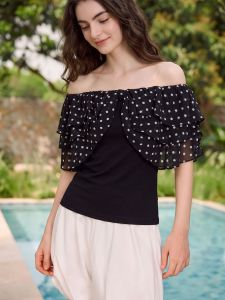 Basic House | Polka Dot Off-Shoulder French Style T-Shirt