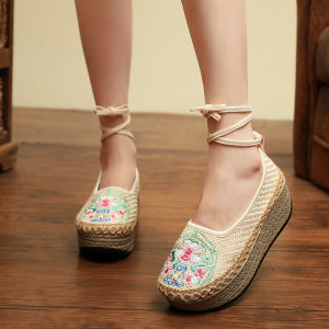 Linen Spring and Autumn Embroidery Ethnic Style Embroidery Womens Shoes Ethnic Style Low-top Thick-soled Single Shoes