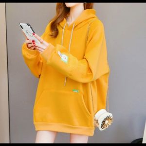 B58 เสื้อแขนยาวฮู้ดหูกระต่าย Oversize (อก 50 นิ้ว) สีพื้นกระเป๋าหน้า ปักอังกฤษที่แขนและด้านหลัง ผ้าคอตตอล ผ้าไม่ยืดไม่หนาไม่บางมาก สินค้าพร้อมส่งในไทย