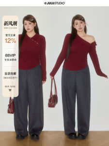 JiShu Workshop Deconstructed plus Size T-Shirt Double Wear Asymmetrical Slit Flocking Shoulder Bared Large Code Top for Women