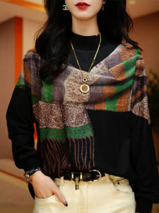 Fall and Winter New Arrival Western Style Printed Half-High Collar Long Sleeves Tops Female H Elegant Mother Clothing Leisure Anti-Aging Slimming Shirt