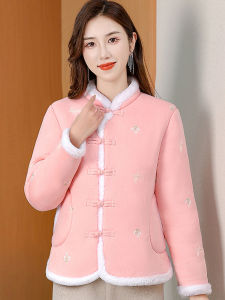 Thickened Floral Print Cotton Jacket with Button for Mom Winter Warm Fleece Lined Traditional Style Clothing Female Coat