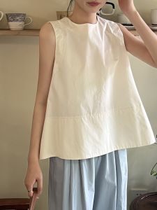 French round Neck Chic Unique Pure Cotton Sleeveless Top Womens High-End Loose Vest Small Size Summer Breathable Comfortable