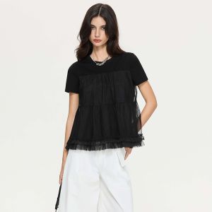 S·DEER | Summer Fashion Round Collar Mesh Ruched T-Shirt