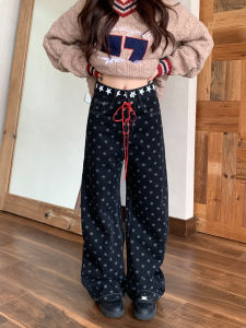 American Retro Star Print Belted Denim Jeans Womens Autumn Design Slim Straight Leg Trousers Comfortable Loose Fit Casual
