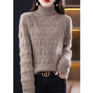 WANGGONGZHU | เสื้อสเวตเตอร์คอวีถักผ้าขนสัตว์เนื้อหนาสำหรับผู้หญิง ฤดูใบไม้ร่วง/ฤดูหนาว เสื้อเชิ้ตถักนิตติ้งสไตล์ใหม่ ทรงหลวม สีสันสดใส