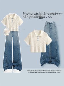 NUMEN BUTTON | Bộ Quần Áo Hàn Quốc Mùa Hè Dành Cho Người Mập với Áo Thun và Quần Jeans Đổi Màu Bóng Bẩy
