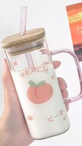 400Ml Square Mug With Lids and Straws Single Colored Handle Layer Drinking Glass Cups For Soda Iced Coffee Milk Bubble Tea Water