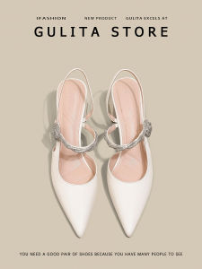 รองเท้าแตะส้นสูงหัวแหลมสำหรับผู้หญิง กันลื่น หนัง PU รองเท้าแตะส้นสูงแบบลำลอง สายรัดแบบมีโซ่ประดับเพชร ทรงหัวแหลม รองเท้าแตะแบบสวม