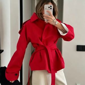 Korean Fashion Elegant 2026 Autumn New Simple Red Versatile and Thin Trench Coat Womens Long-sleeved Holiday Lace-up Jacket