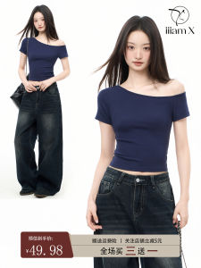 IIiamX Dark Blue Shoulder Bared Short Sleeve T-Shirt Womens Slim Fit Spring New Design Commute Style Cotton Polyester Blend