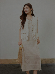 plusmall | Lace Beaded Embroidery Cut-out Collarless Cardigan