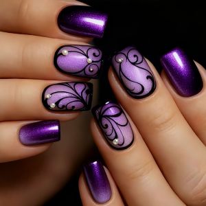 Medium Square Fake Nails for Women Girls Purple White Flowers Design for Spring Summer French Nail Tips Press On False Nail Art