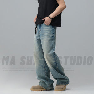Vintage Straight Leg Jeans Casual Washed Cotton Polyester Blend Zipper Fly Youthful Trendy Durable Straight Tube Jeans