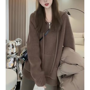 Loose Midi Knit Sweater with Hood Lazy Style