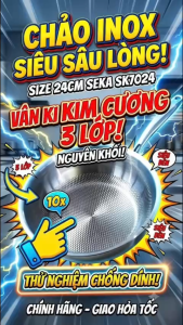 Chảo Inox Sâu Lòng Chống Dính Seka SK7024 Vân Kim Cương 3 Lớp Nguyên Khối Size 24cm - Dùng Mọi Loại Bếp