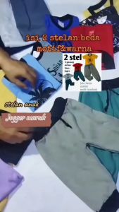 2 setelan anak laki kaos kombinasi celana panjang jogger trening umur 1-5 tahun