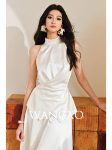 WANGXO | Bộ Đầm Satin Bóng Ngọc Trai Cao Cấp Không Tay