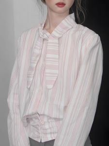 Pink Striped Long Sleeve Womens Shirt Scarf Waist Design French Vintage Lazy Match All around Commute Loose Style Shirt