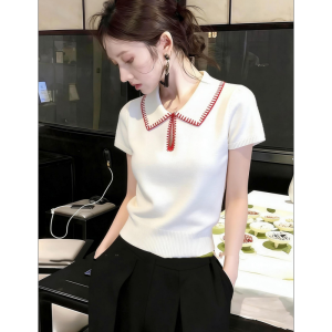 HUOLISI | Womens Stylish Polo Collar Contrast Color Knit T-shirt
