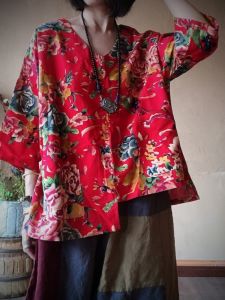 New Chinese Style Womens Loose Cotton Linen T-Shirt V-Neck Large Flower Print Retro Ethnic Style Summer Top Commute Fashion