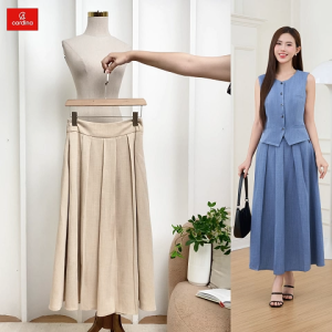 Bộ đồ nữ CARDINA chất liệu đũi Hàn áo gile phối chân váy xếp ly 5BDD01