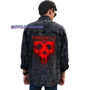 Jaket Denim Oversize Wanita Motif Grafis Plastisol Burgerkill - Hitam Vintage