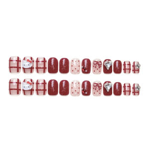 【With Glue】Ready Stock Female Mid-length Fake Nail Labubu and Bowknot Decor Artificial Nail for Women and Girl Party Activity